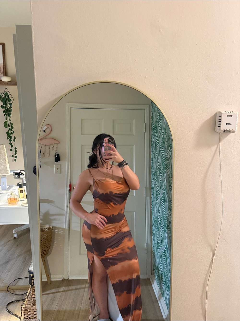 Satin Tie-Dye Slip Maxi Dress in Brown